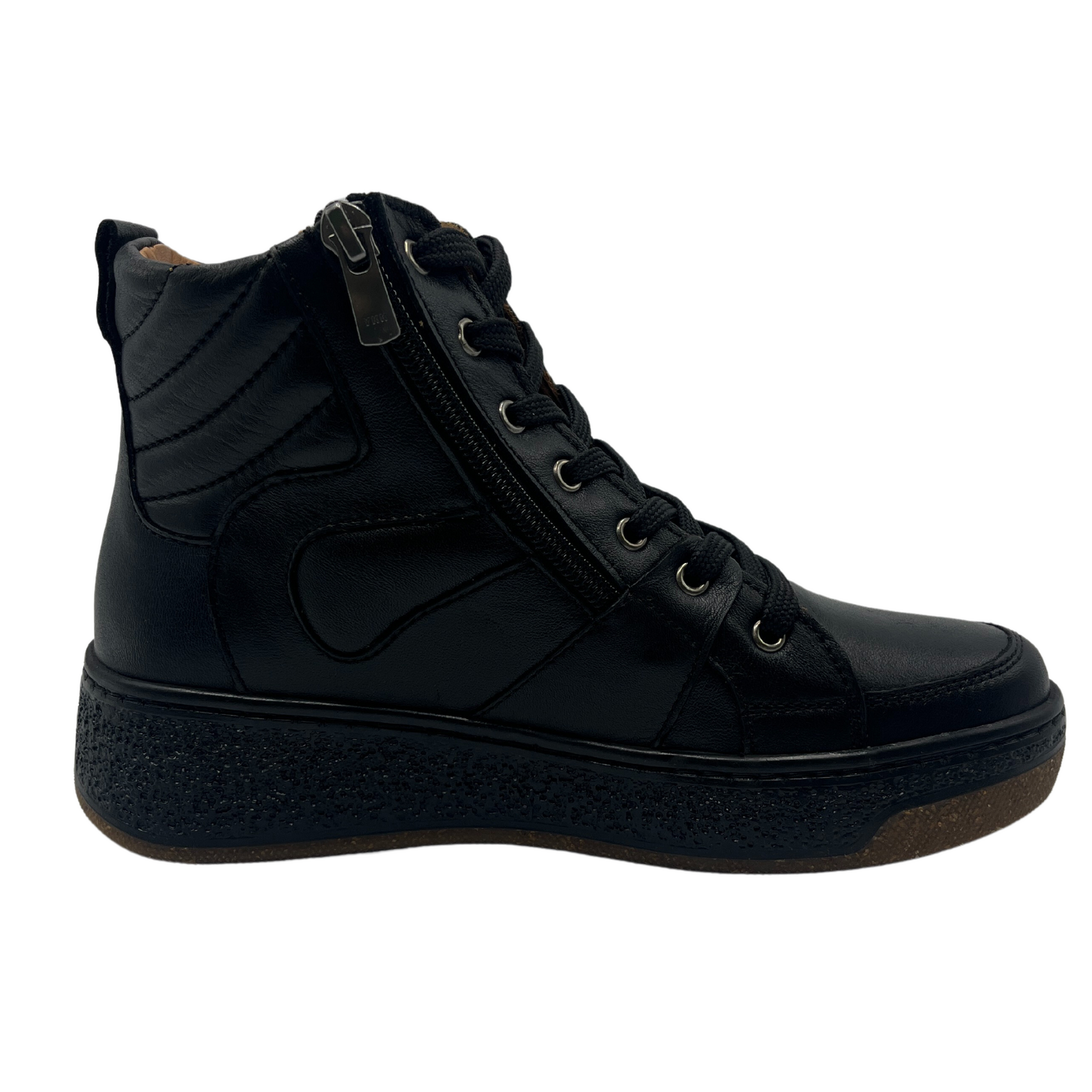 Right view of black leather short boot with wedge rubber sole and black laces