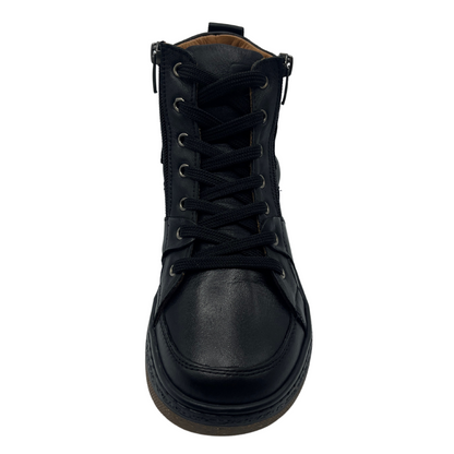 Top view of black leather shoe with black laces and double side zipper closures