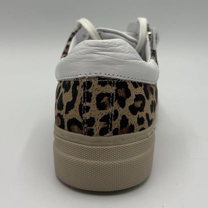 Back view of a leopard print sneaker with a beige rubber outsole