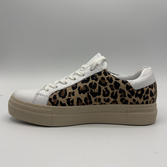 Left view of a leopard print sneaker with a beige rubber outsole