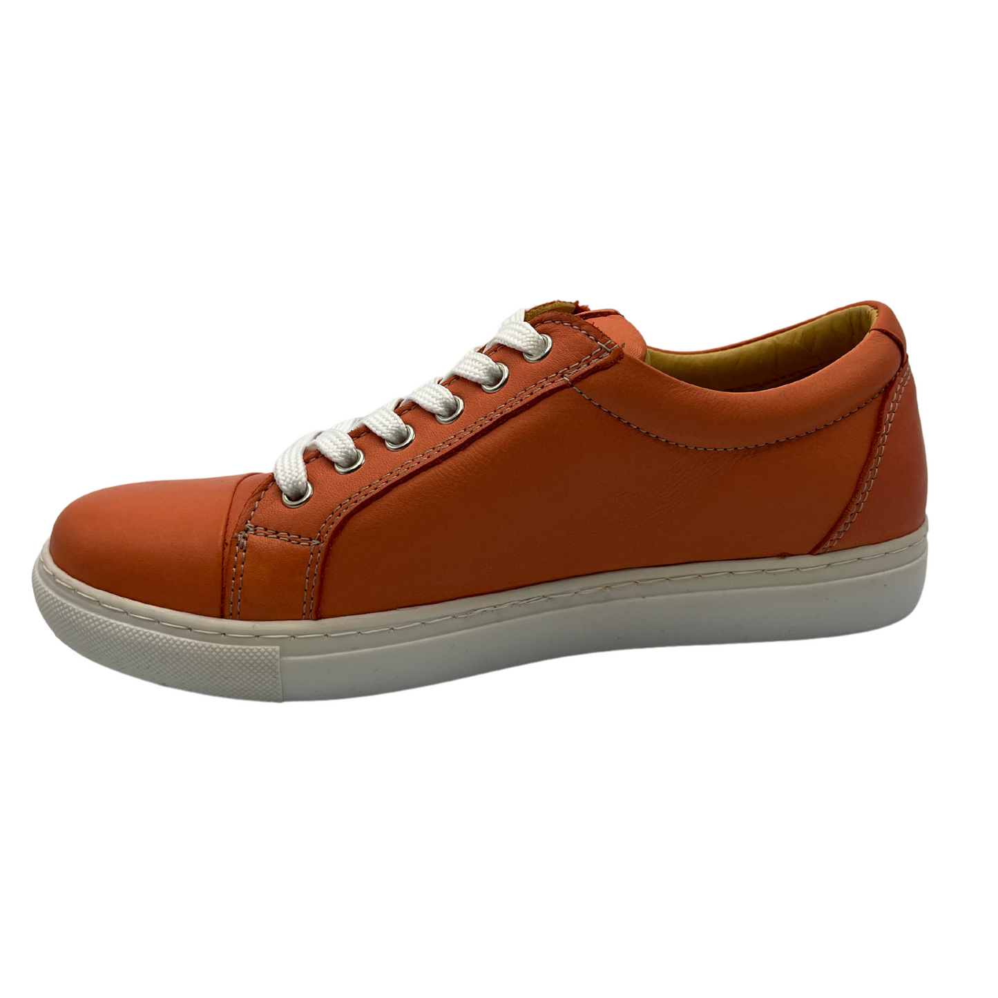 Left facing view of orange leather sneaker with white rubber outsole and white laces.