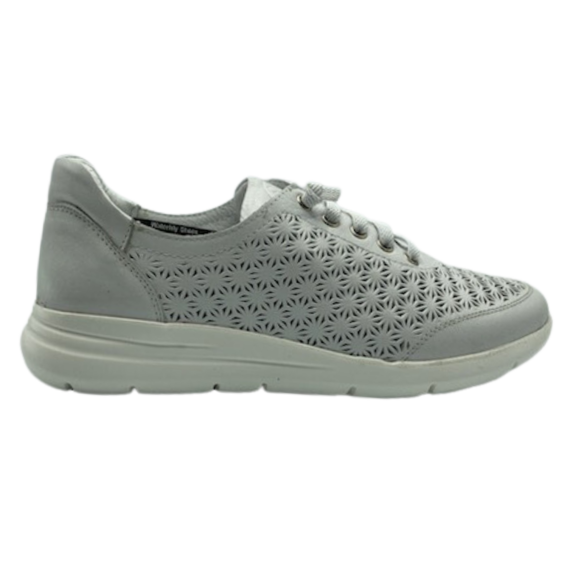 Side view of white leather sneaker with perforated design