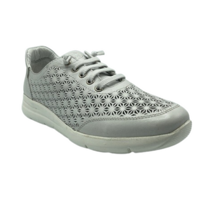 Angled front view of the white leather sneaker with perforated design. White fabric laces.