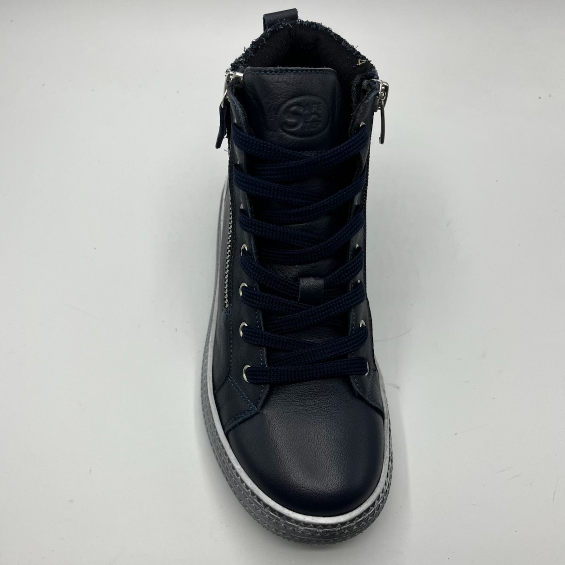 Navy high-top sneaker with zippers on a white background