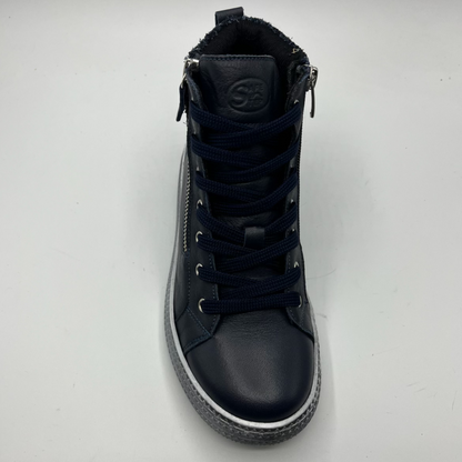 Navy high-top sneaker with zippers on a white background