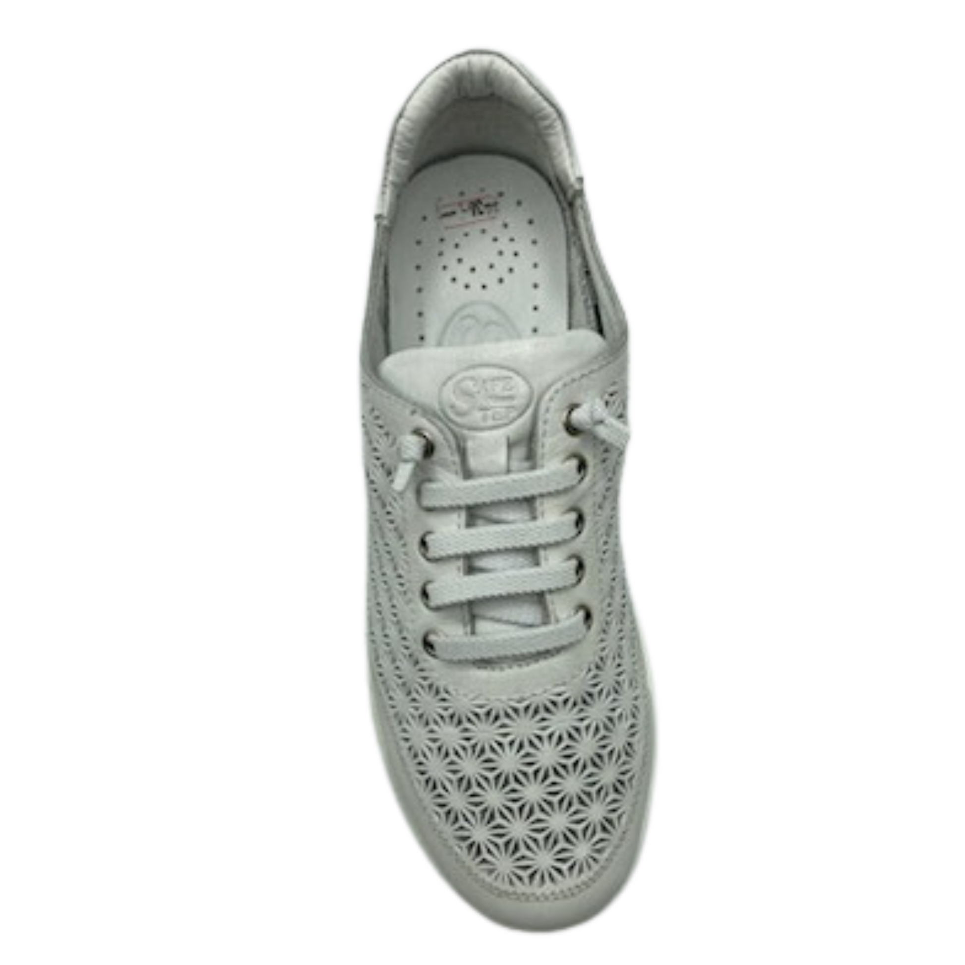 Top down view of perforated leather sneaker with breathable white insole