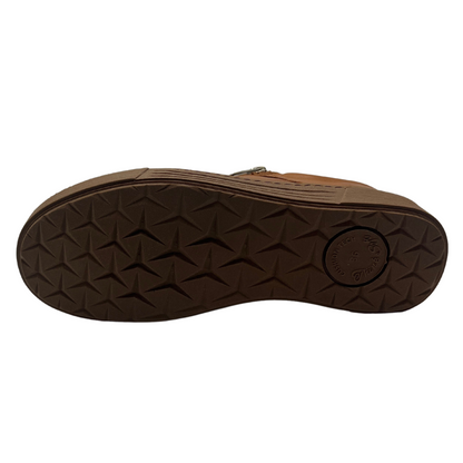 Bottom view of brown leather sneaker with rubber outsole