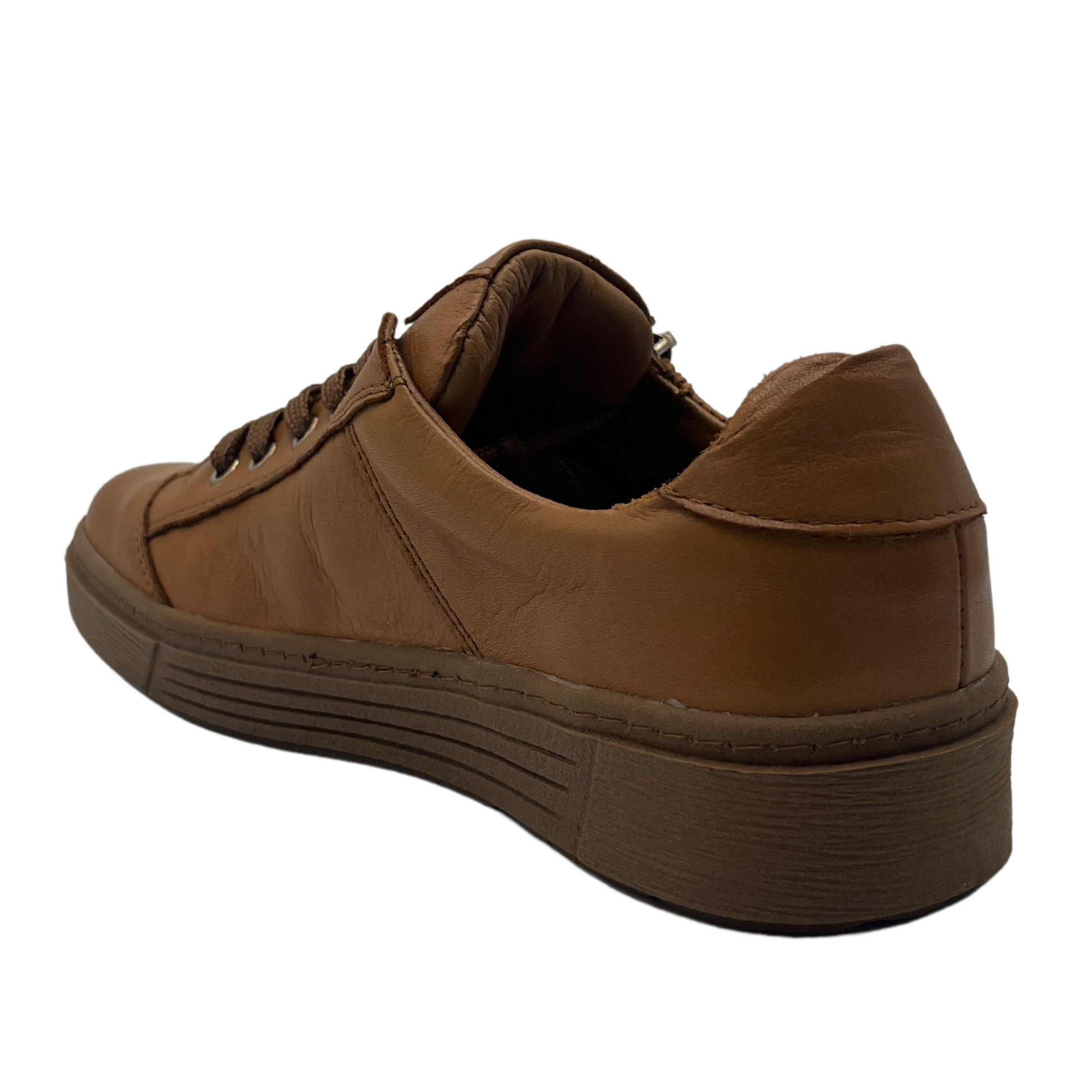Back view of brown leather sneaker with matching laces and brown rubber outsole
