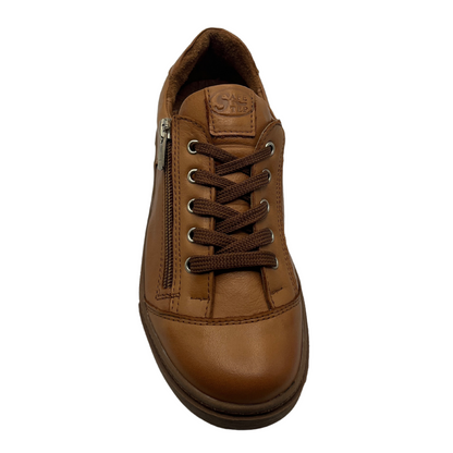 Top view of brown leather sneaker matching laces and side zipper closure