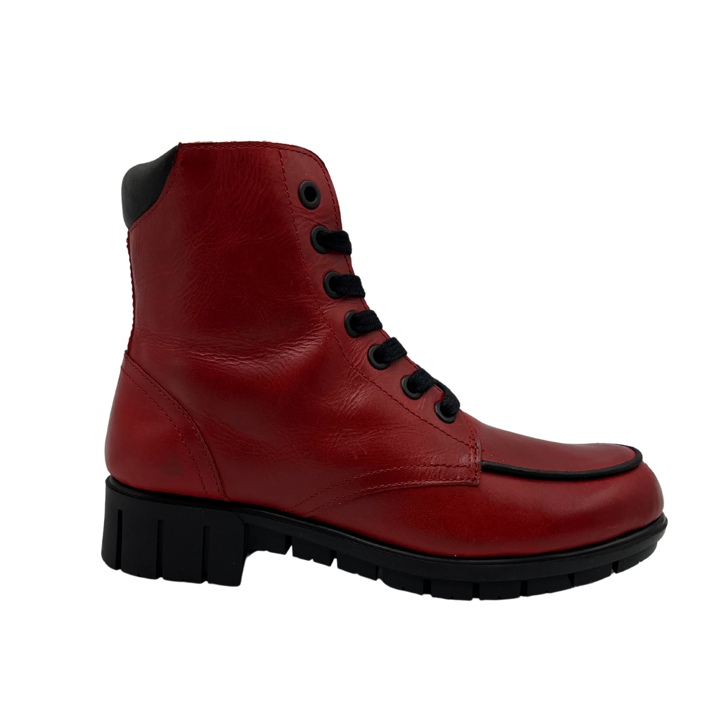 Right facing view of red leather short boot with black laces and short block heel on black rubber outsole