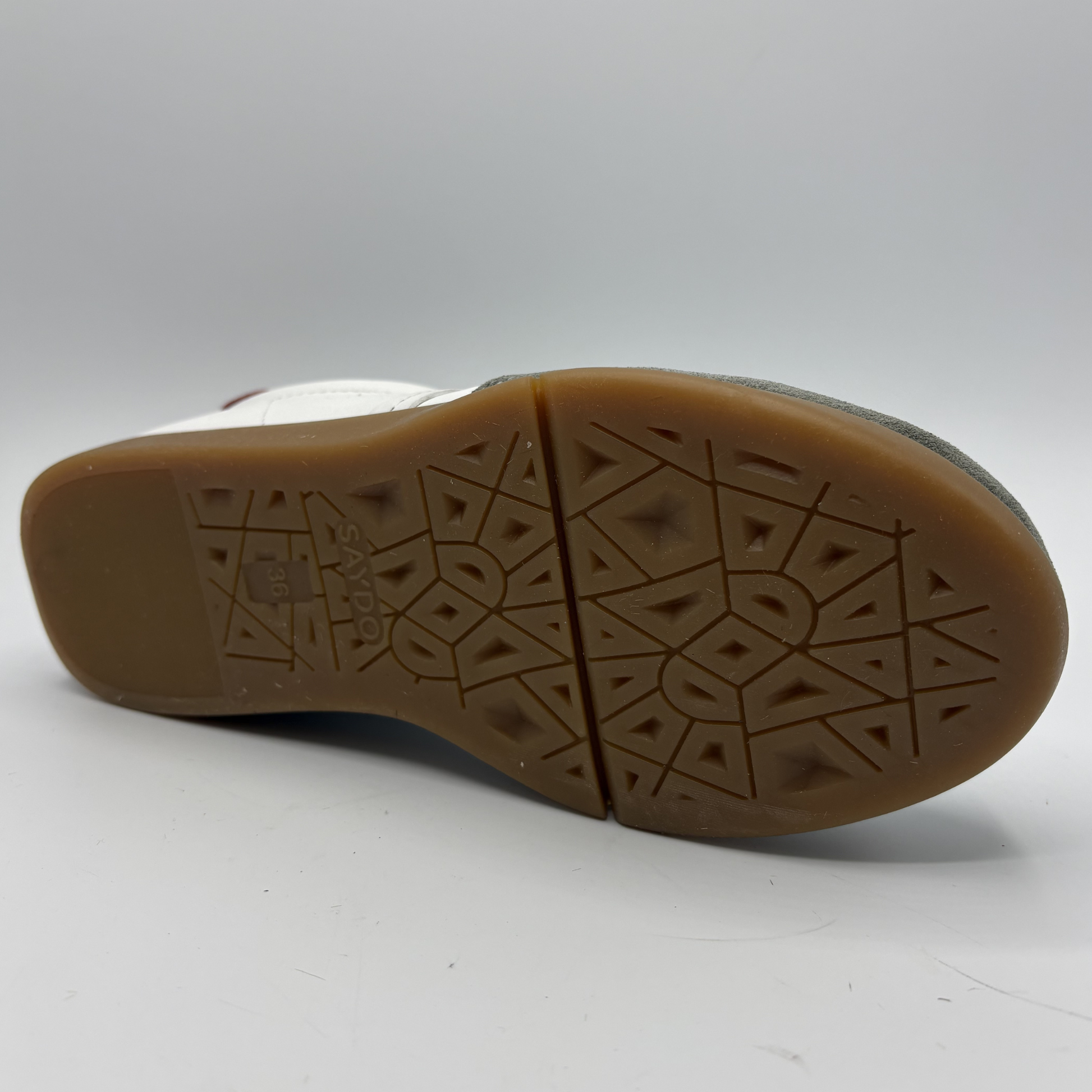 Close-up of a shoe sole with a pattern on a white background