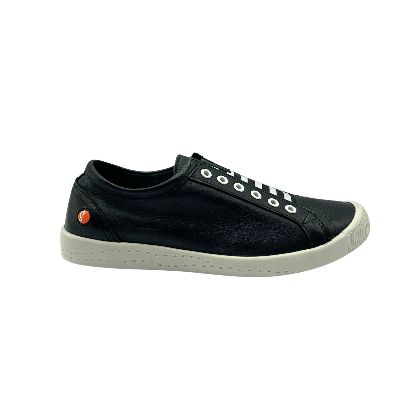 Outside view of black leather slip on sneaker.  White elastic laces and grommets in front.  Rubber sole