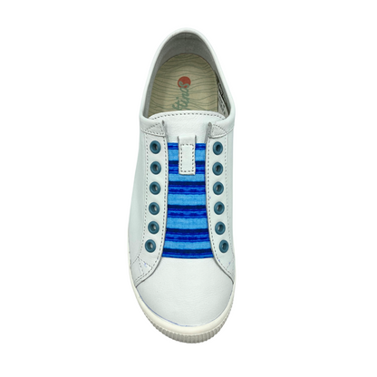 Top down view of a slip on leather sneaker with tw-tone blue elastic laces down front and blue grommets