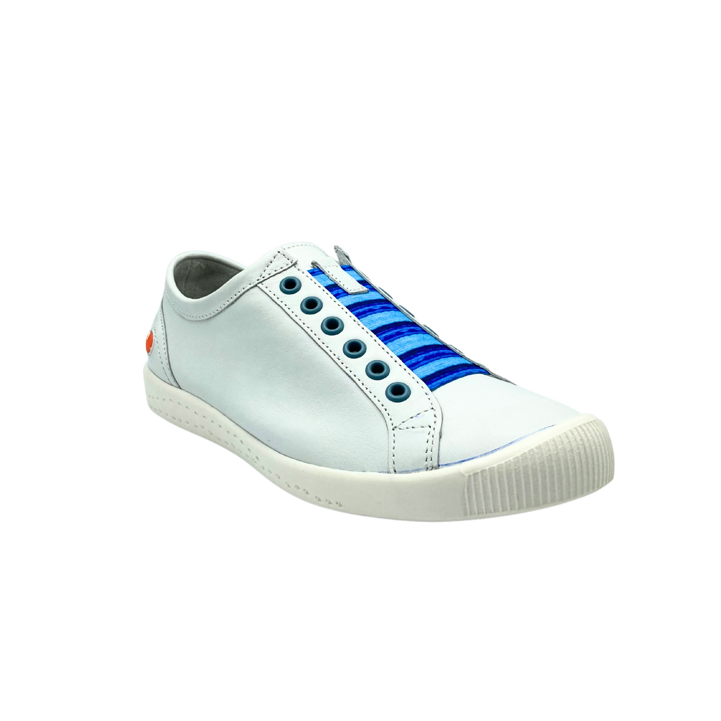 Angled front view of a white leather sneaker.  Slip on stle with elastic laces across the top.
