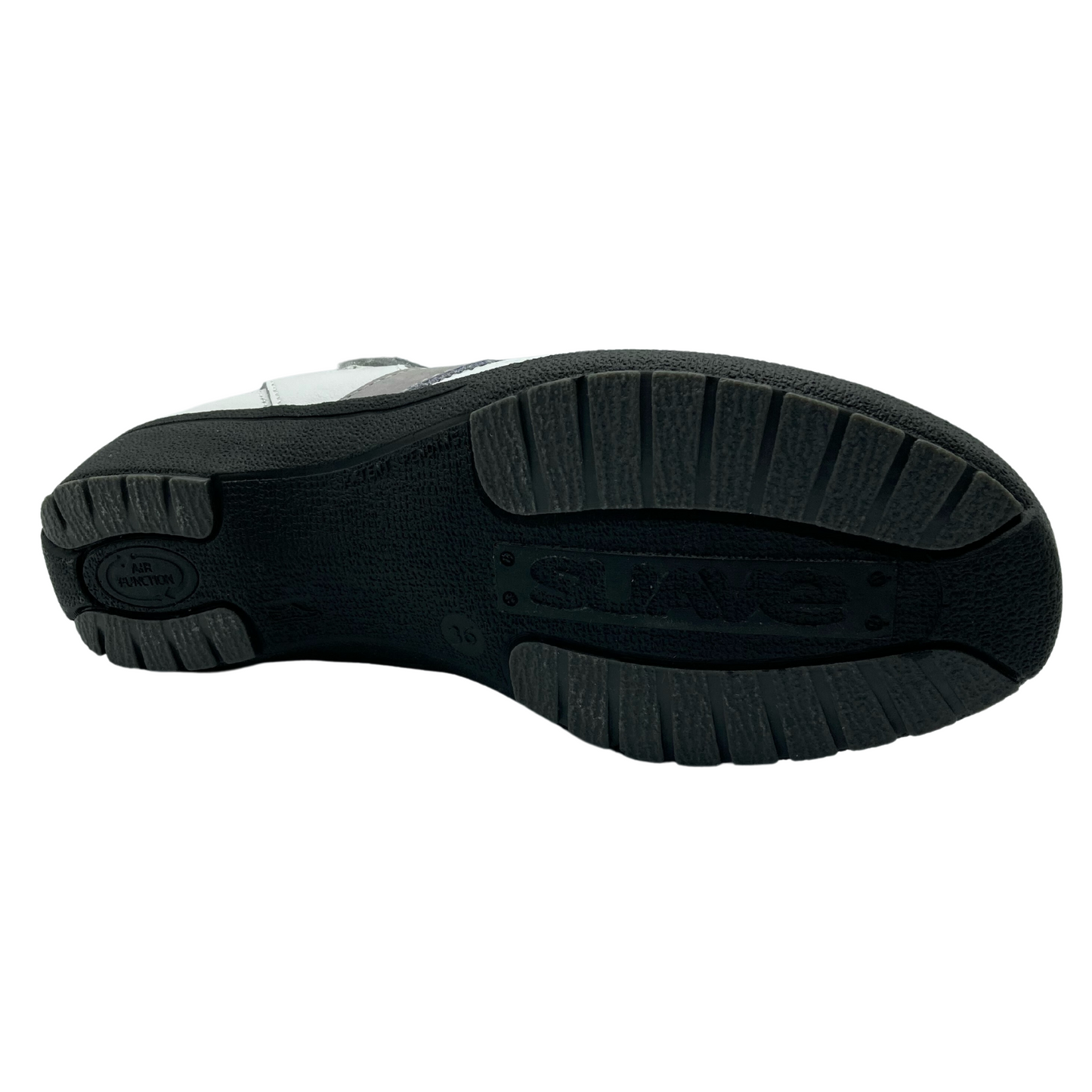 Bottom view of the sandal shoe, black rubber tread