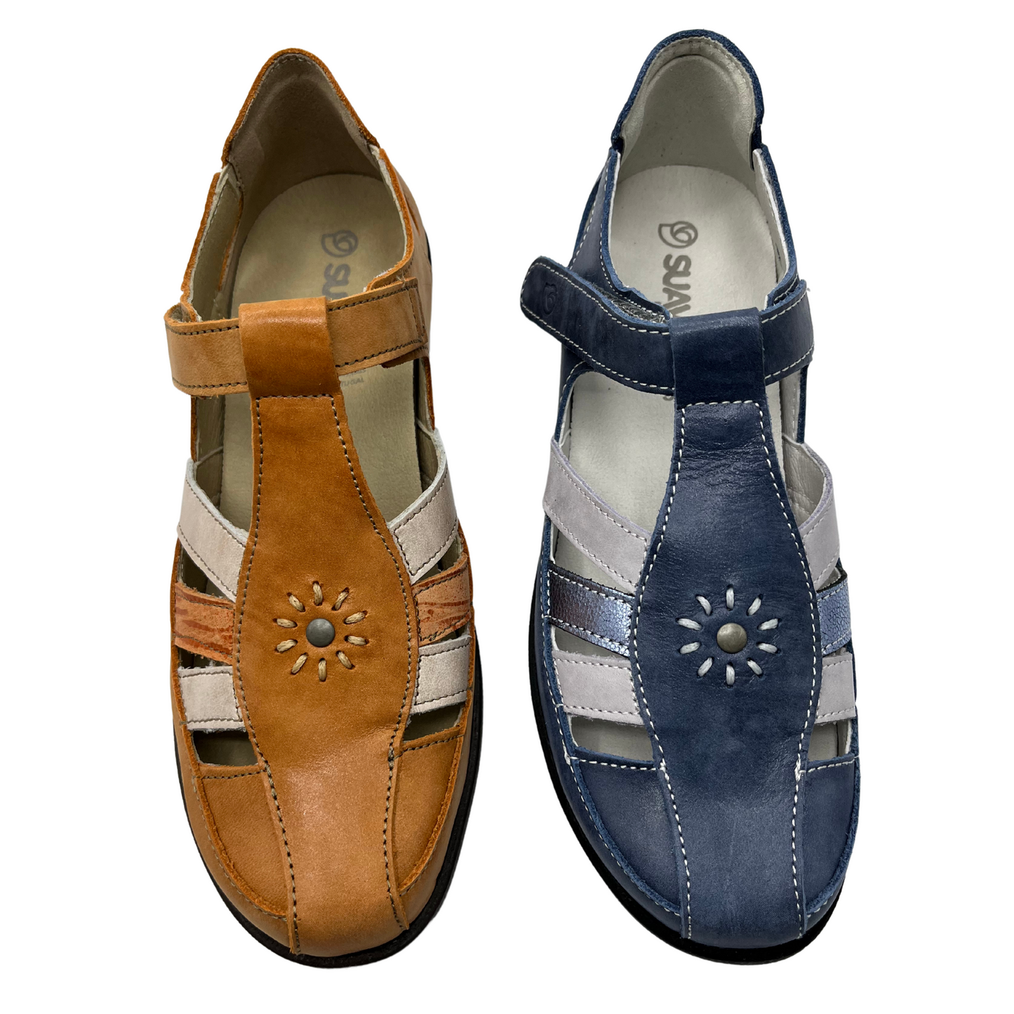 Top view of two leather shoes beside each other. The left one is orange and white and the one on the right is blue and white