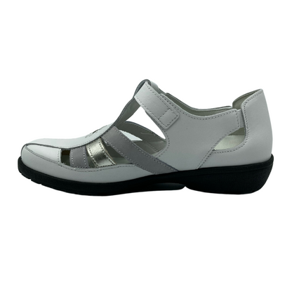 Side view of the strappy sandal shoe. Grey and silver straps along the sides.