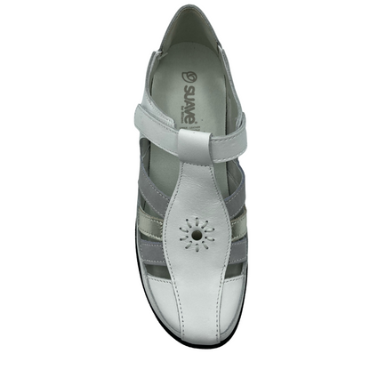 Top down view of white leather sandal shoe. Grey and silver straps along both sides and white insole.