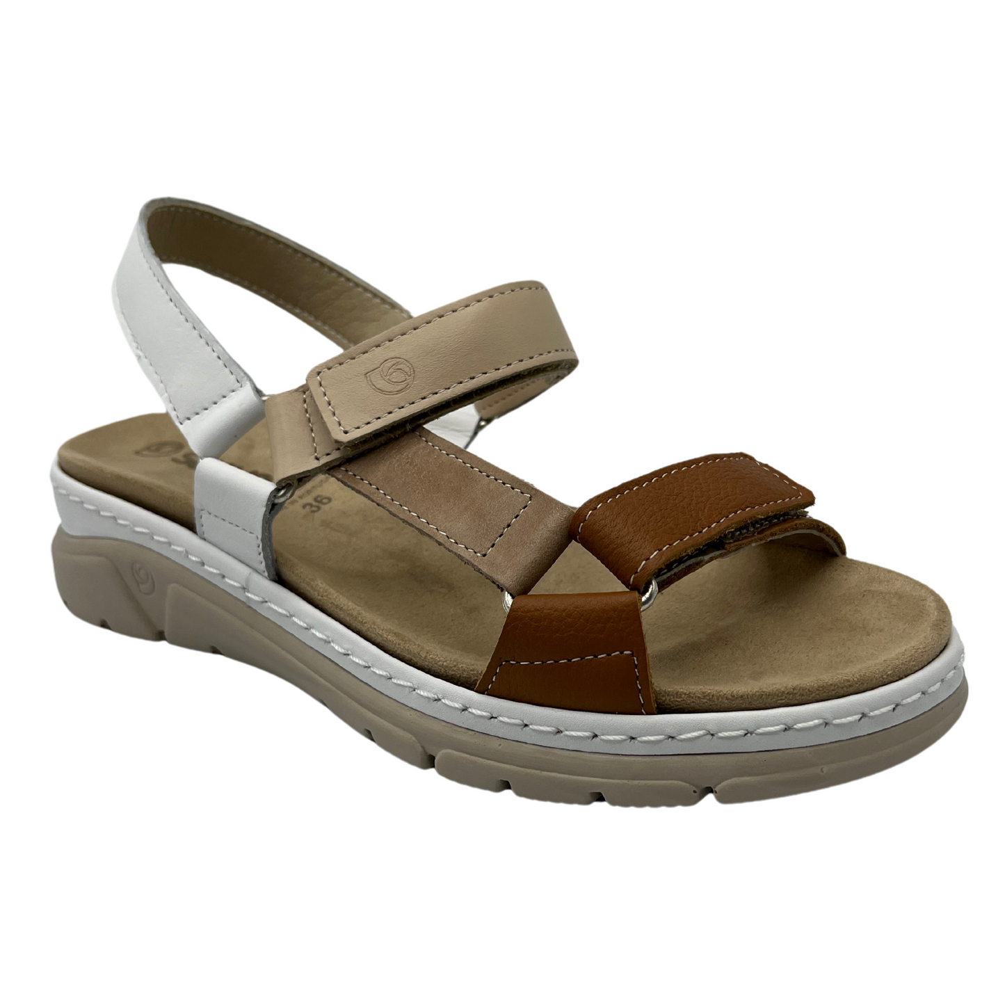 45 degree angled view of suede sandal with brown, white and tan straps