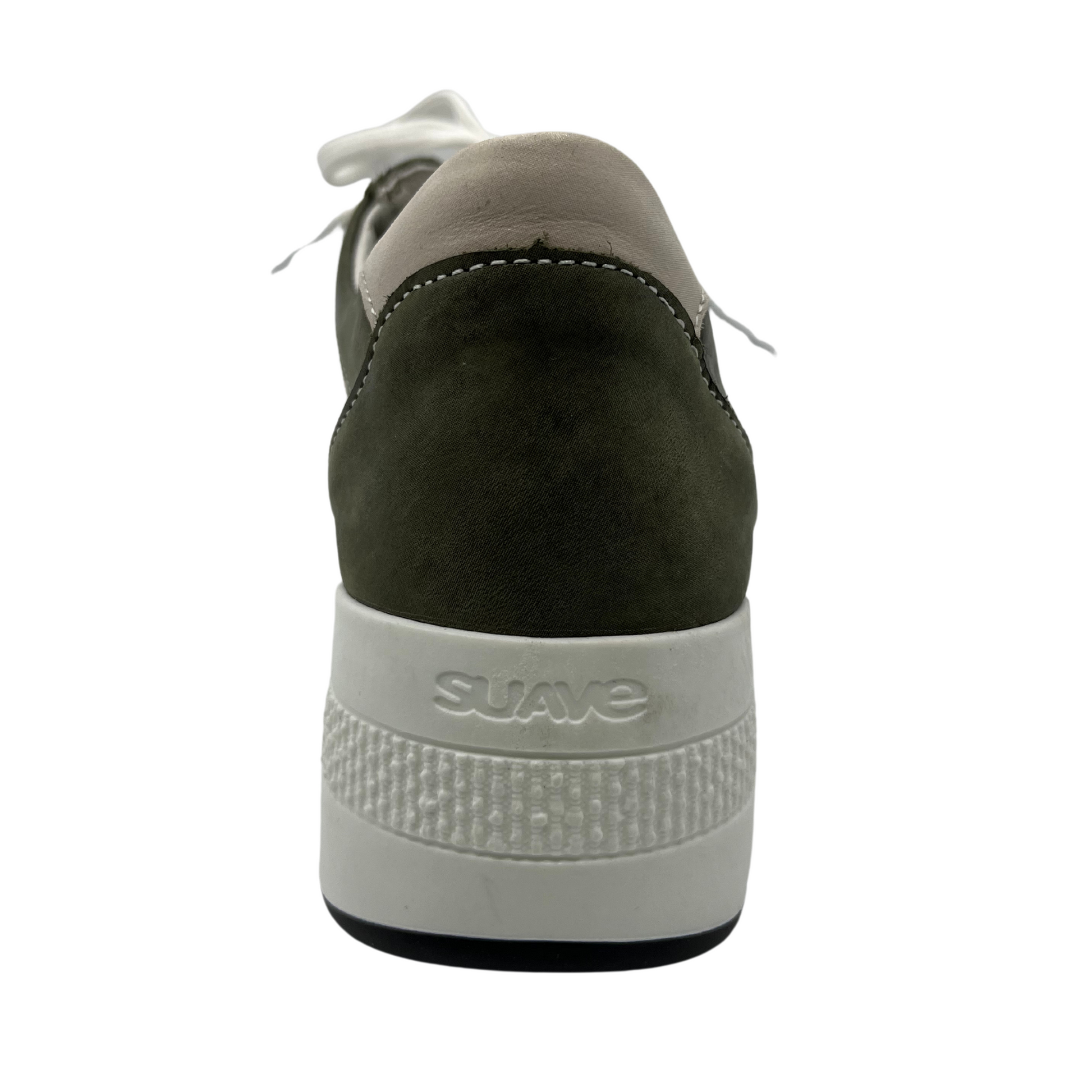Back facing view of women's wedge sole sneaker with white rubber outsole