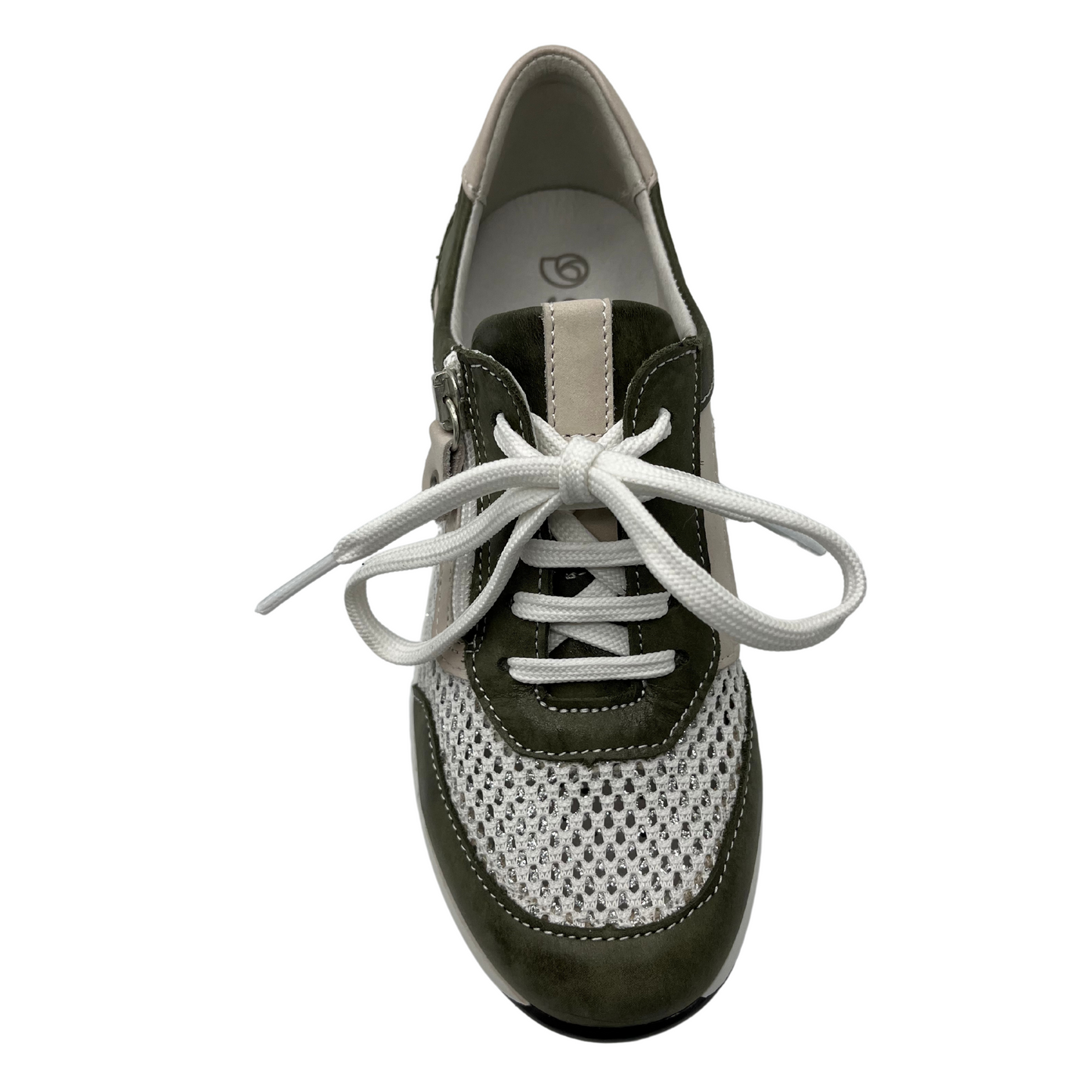 Top view of women's wedge sneaker with mesh panel, white laces and side zipper