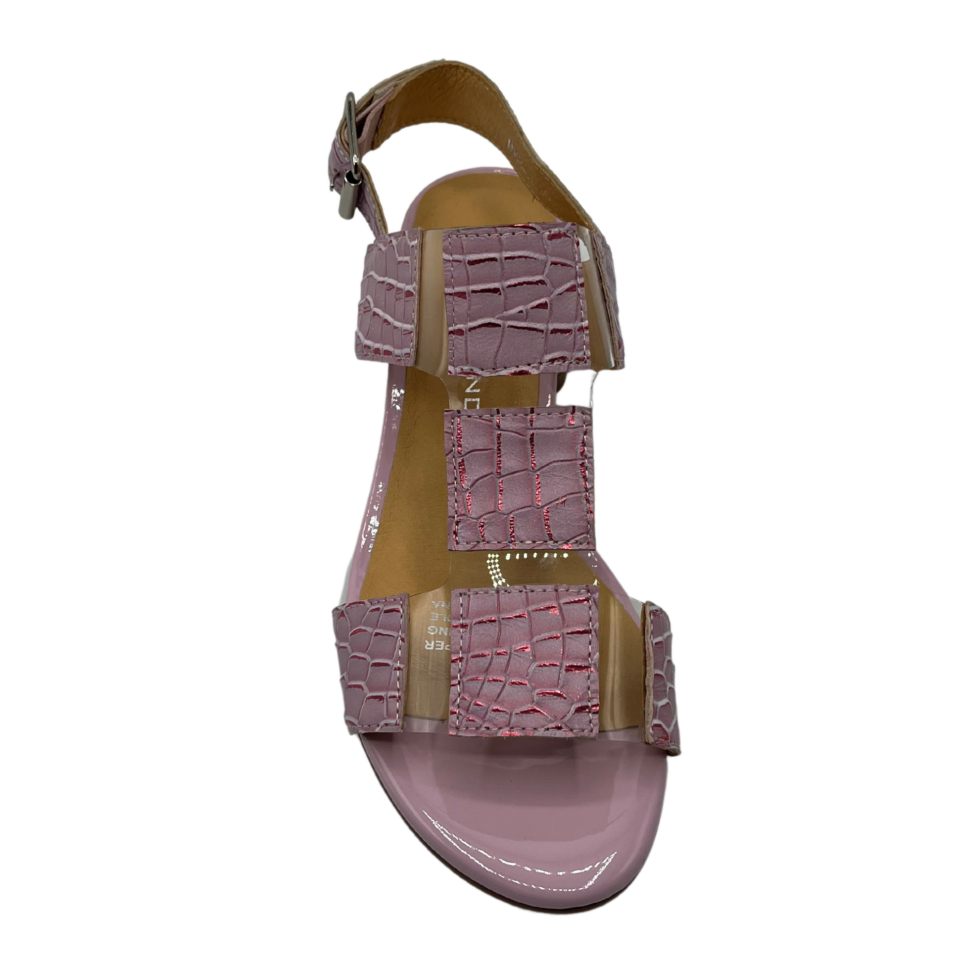 Top view of pink croc print sandal with buckle strap