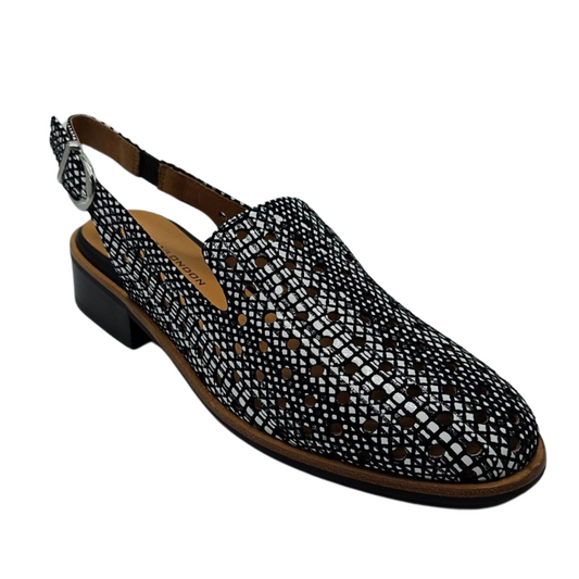 45 degree angled view of perforated leather shoe with slingback strap, low heel and rounded toe