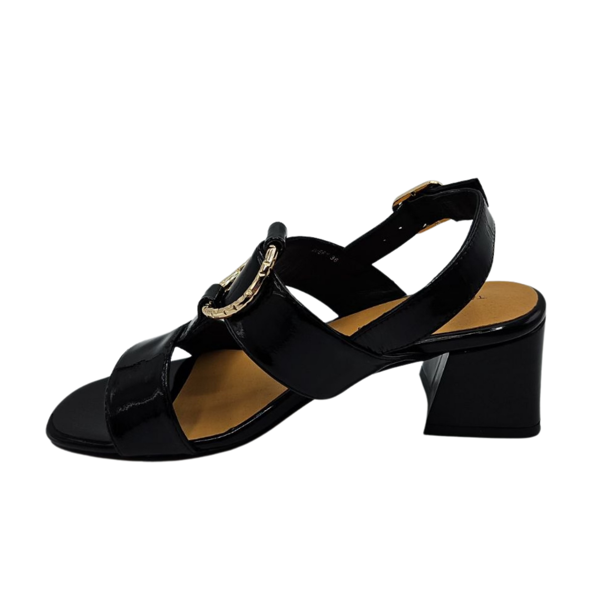 Left facing view of black patent leather sandal with wrapped block heel, adjustable sling back strap and gold details,