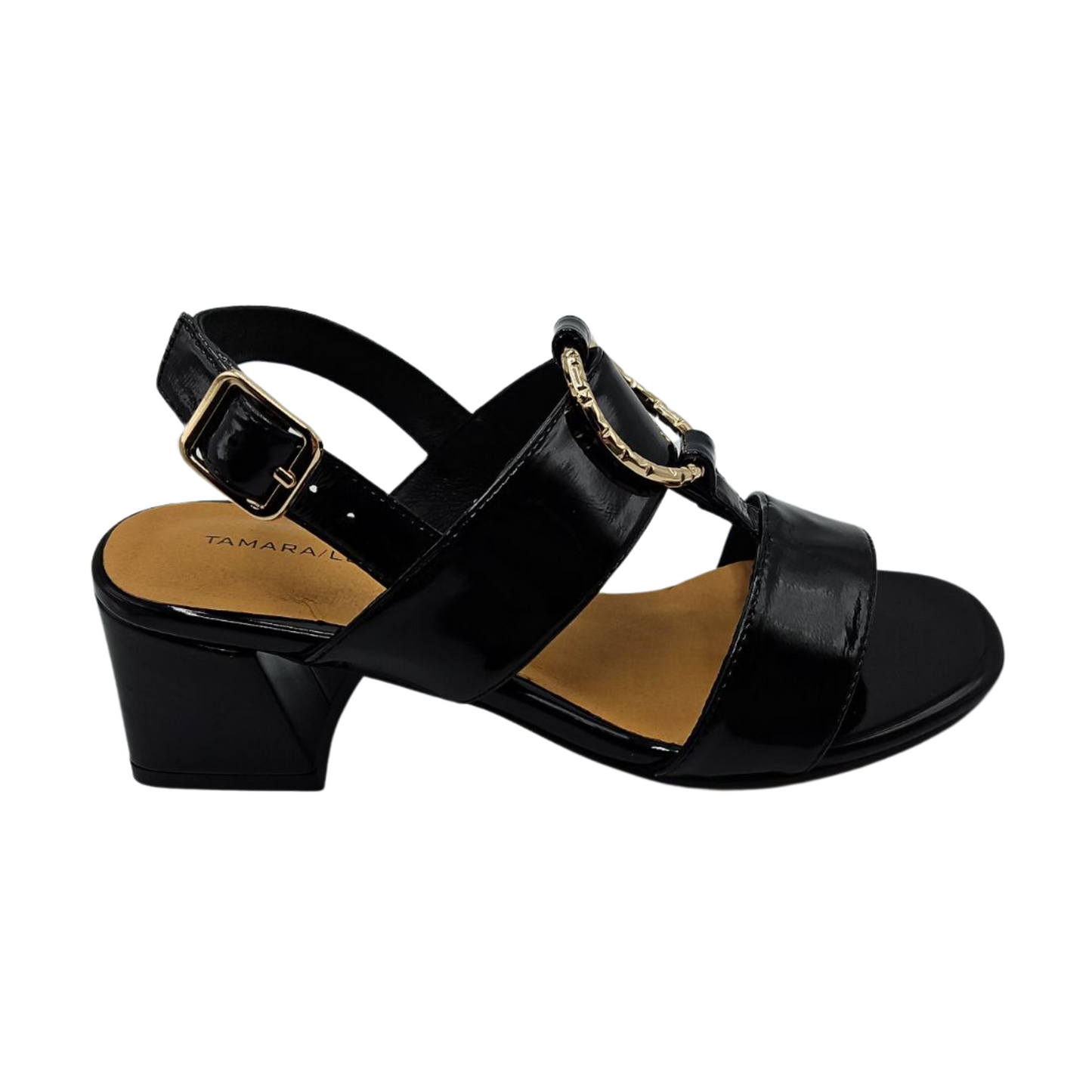 Right facing view of black patent leather sandal with wrapped block heel, adjustable sling back strap and gold details,