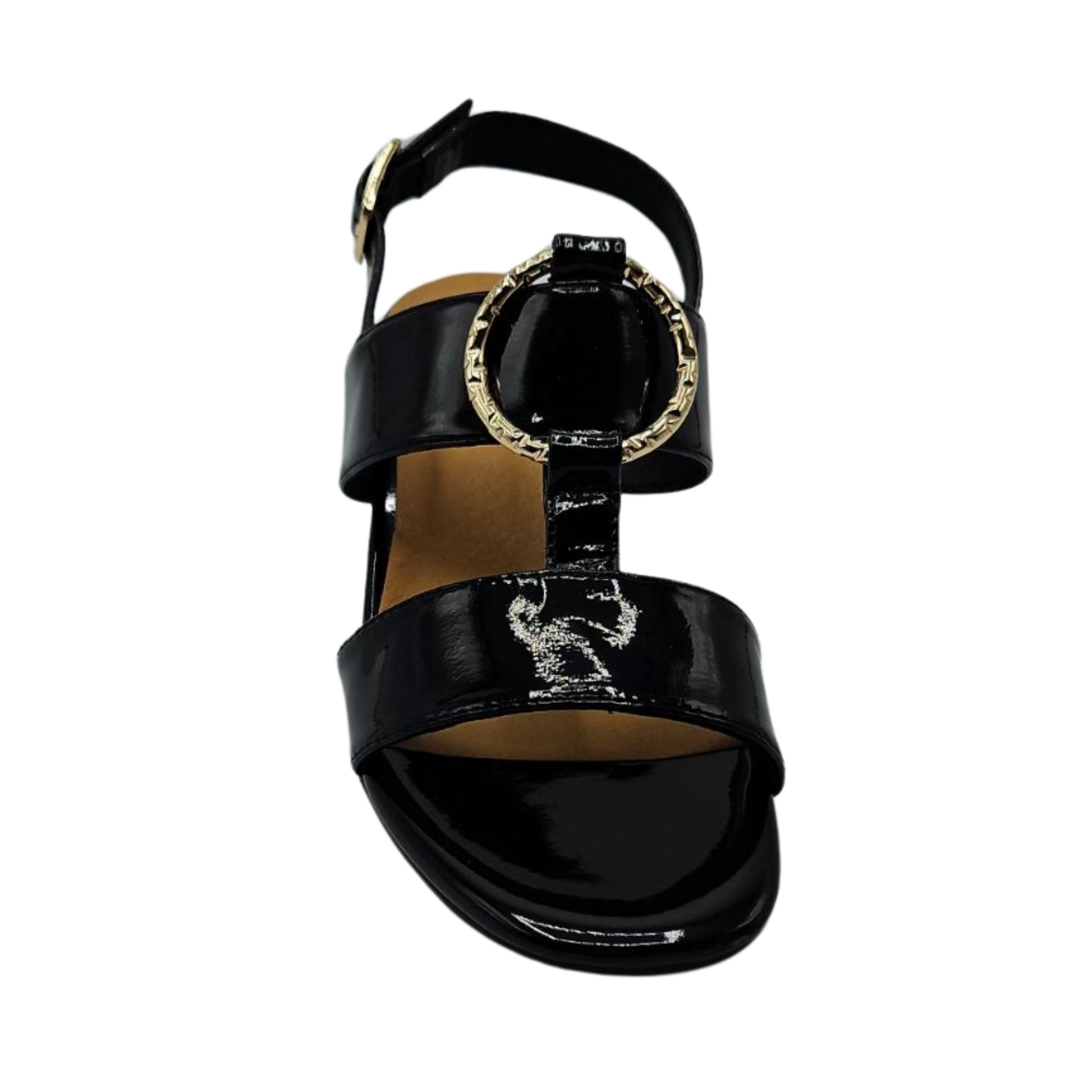 Front view of black patent leather sandal with wrapped block heel, adjustable sling back strap and gold details,
