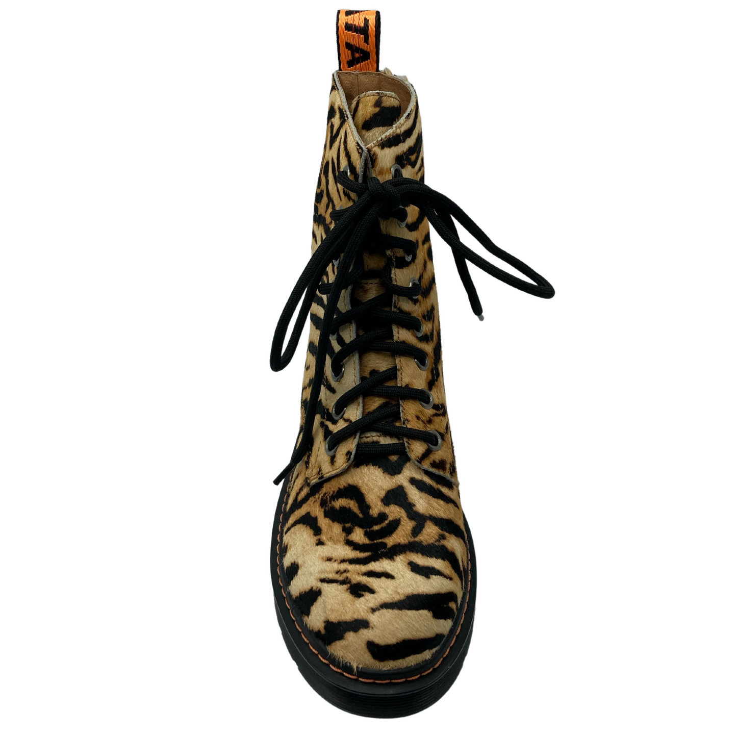 Top view of tiger print leather combat boot with black laces and rounded toe