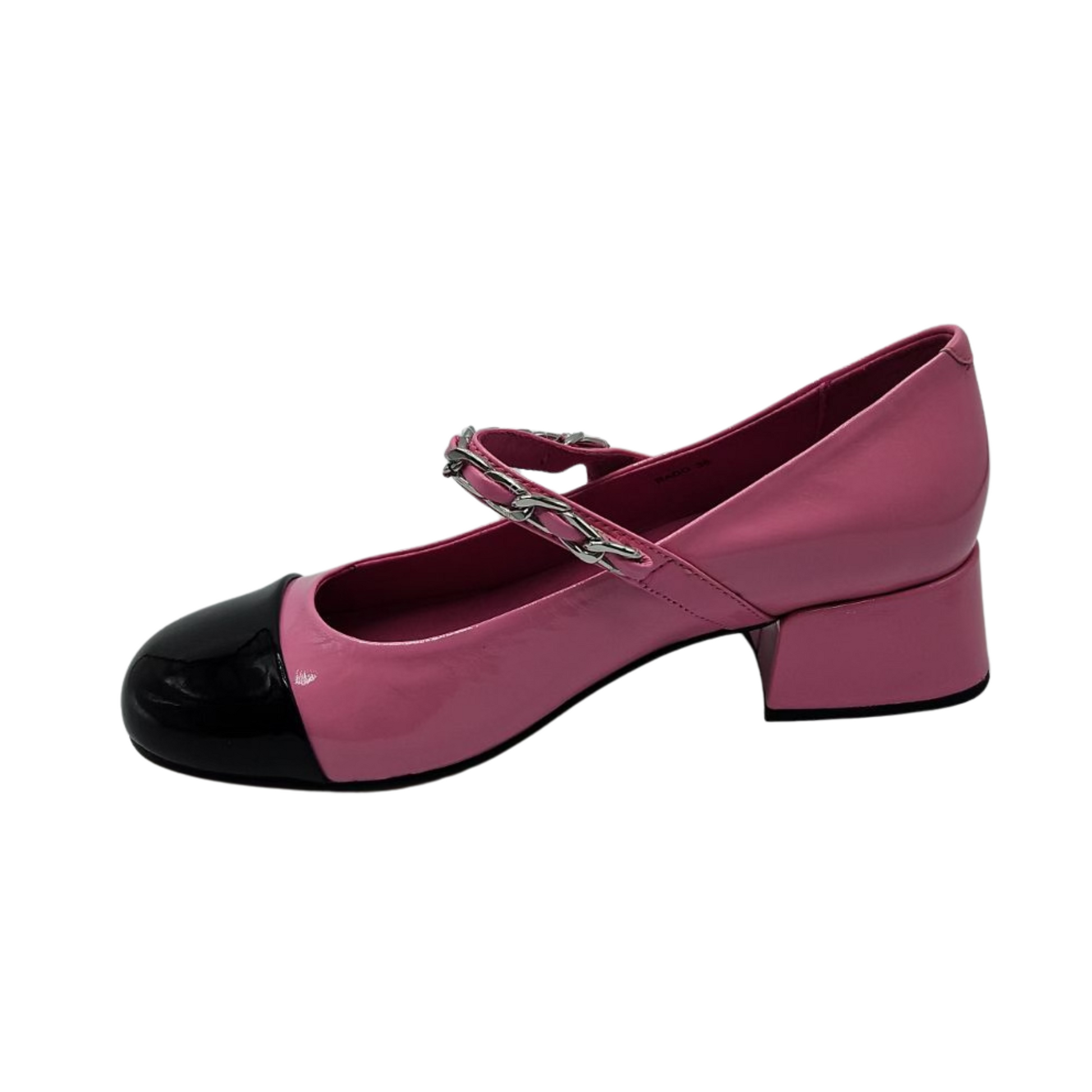 Left facing view of pink and black patent leather mary jane with pearl and chain details on the strap and short block heel