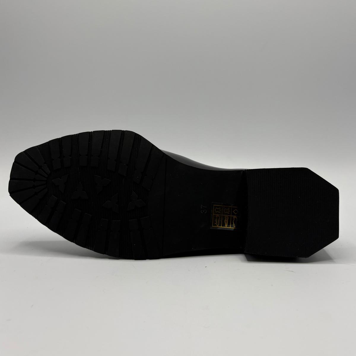 Bottom view of a black shoe with a geometric heel