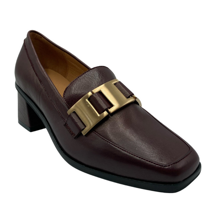 45 degree angled view of square toe leather loafer with gold buckle detail and leather lining