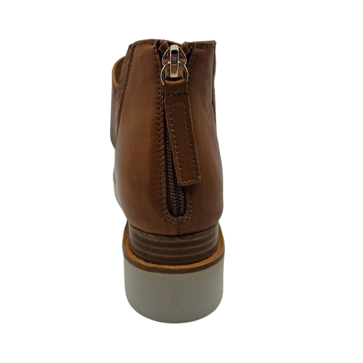 Back view of brown leather sandals with back zipper closure, white platform sole and open toe