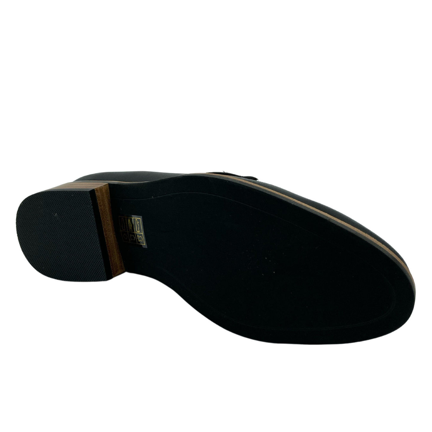Sole view of leather loafer with black rubber bottom