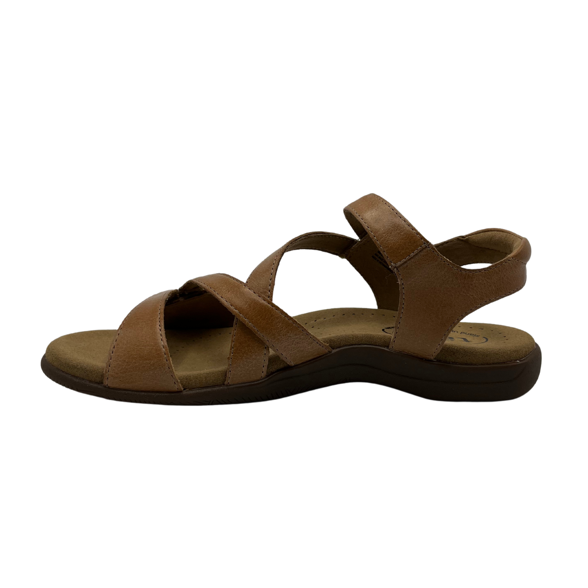 Left facing view of brown leather sandal with anatomical footbed, adjustable velcro straps and open toe