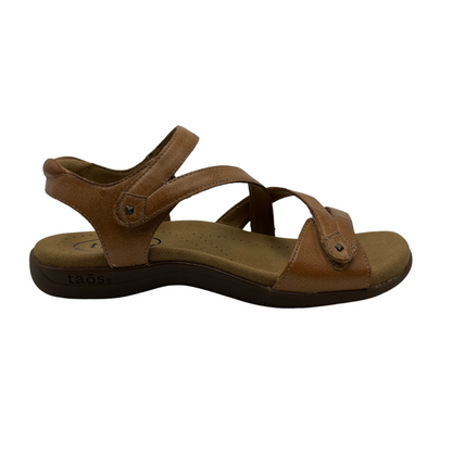 Right facing view of brown leather sandal with anatomical footbed, adjustable velcro straps and open toe