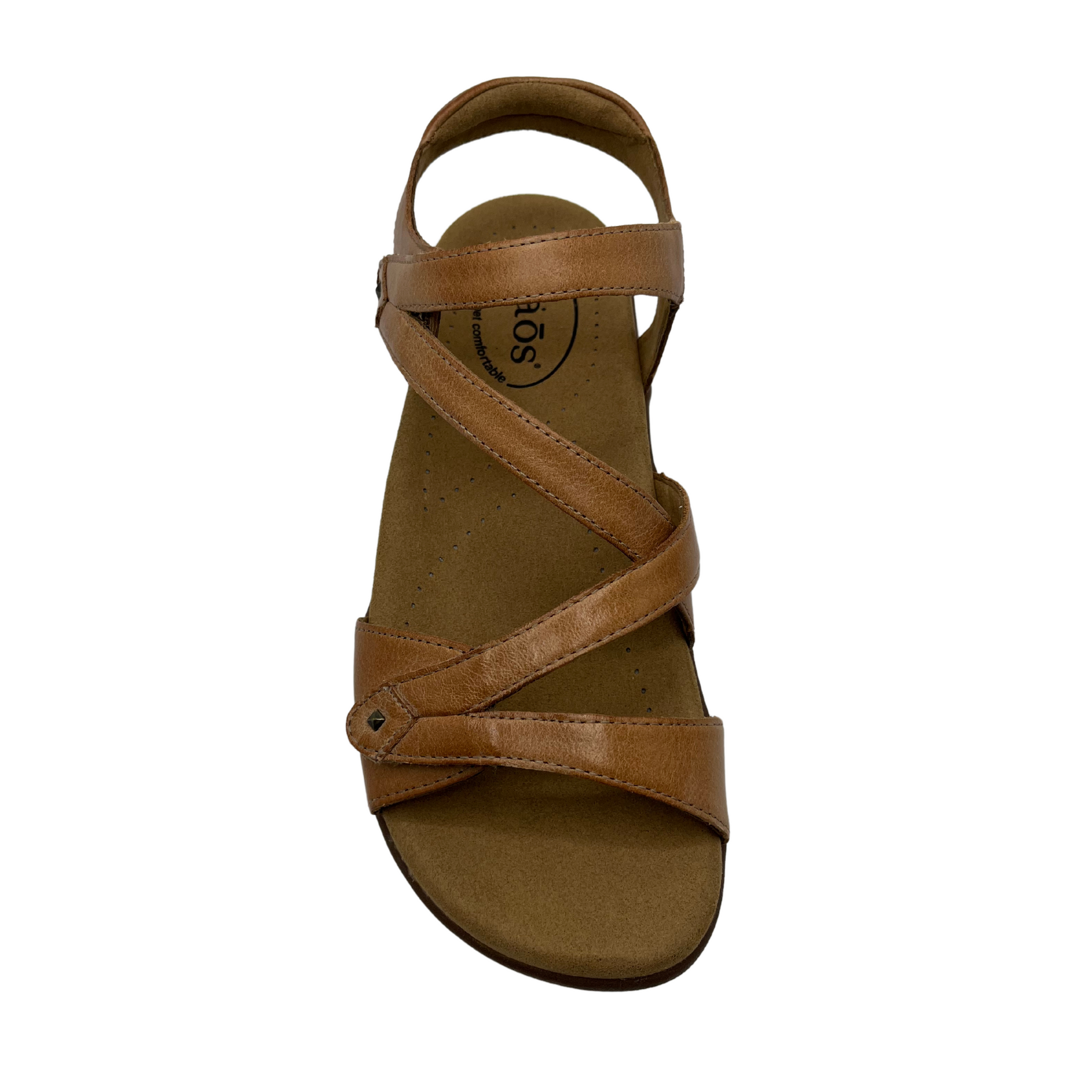 Top view of brown leather sandal with anatomical footbed, adjustable velcro straps and open toe