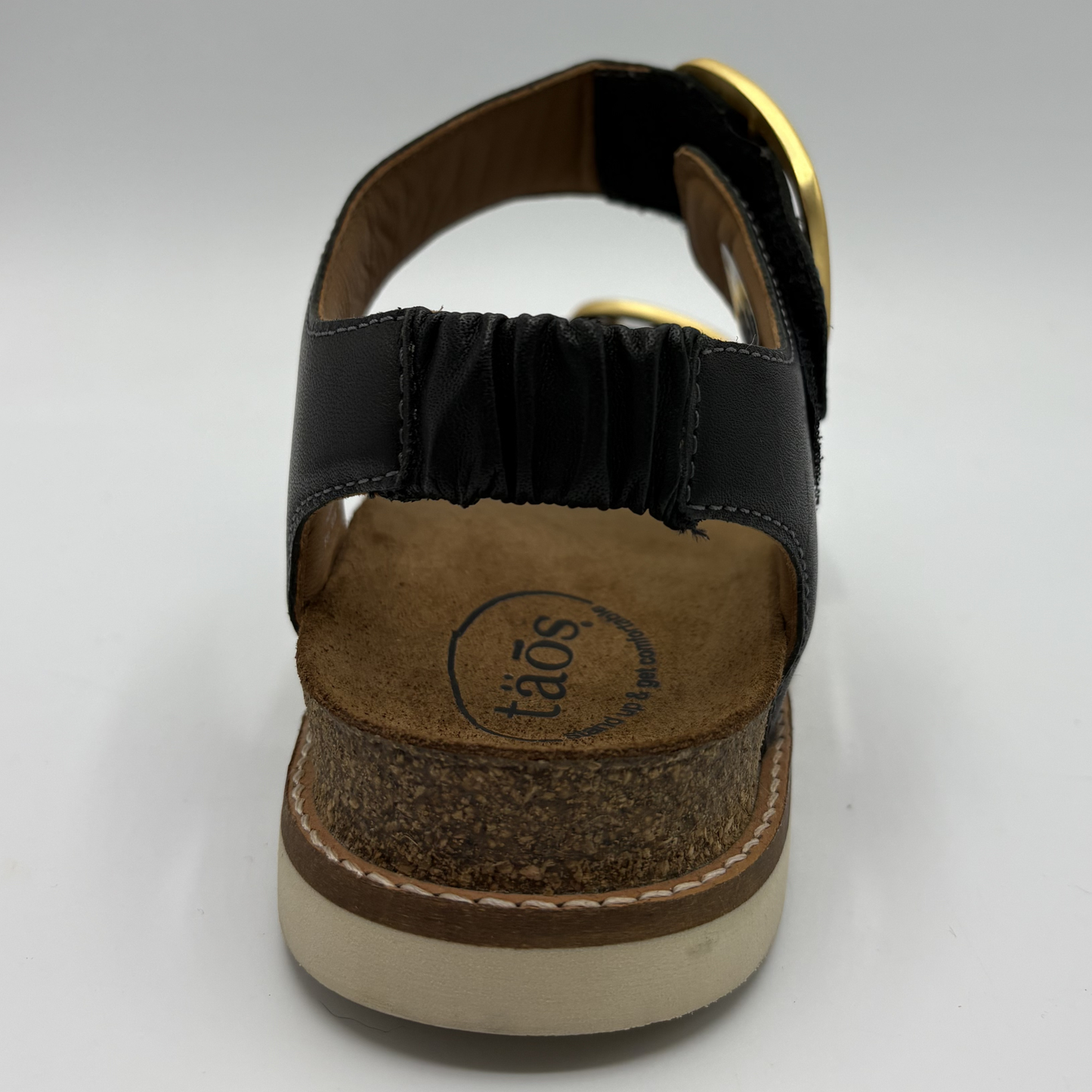 Back view of a black strapped sandal with gold buckles and a cork footbed