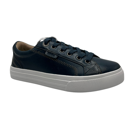 45 degree angled view of blue leather sneaker with white rubber outsole, matching laces and padded collar