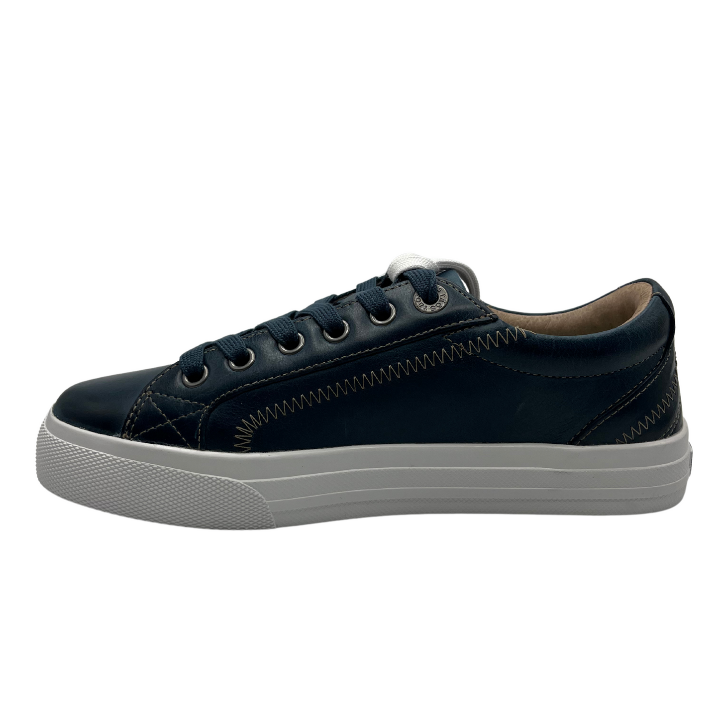 Left facing view of blue leather sneaker with white rubber outsole, matching laces and padded collar