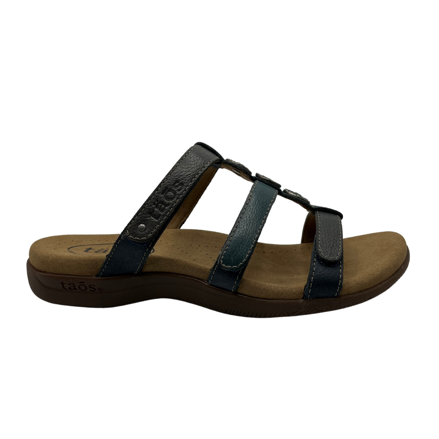 Right facing view of leather sandal with 3 straps and slip on style. Hook and loop closures on straps and lined anatomical footbed