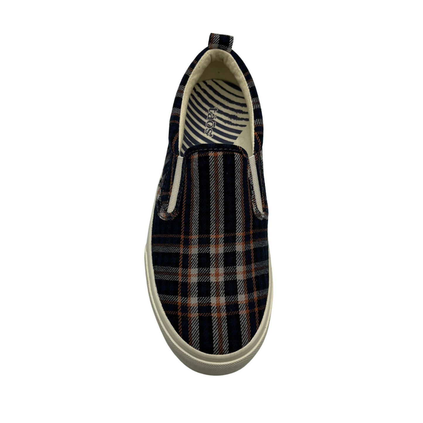 Top view of blue, orange and white plaid canvas slip on shoe with white rubber platform sole