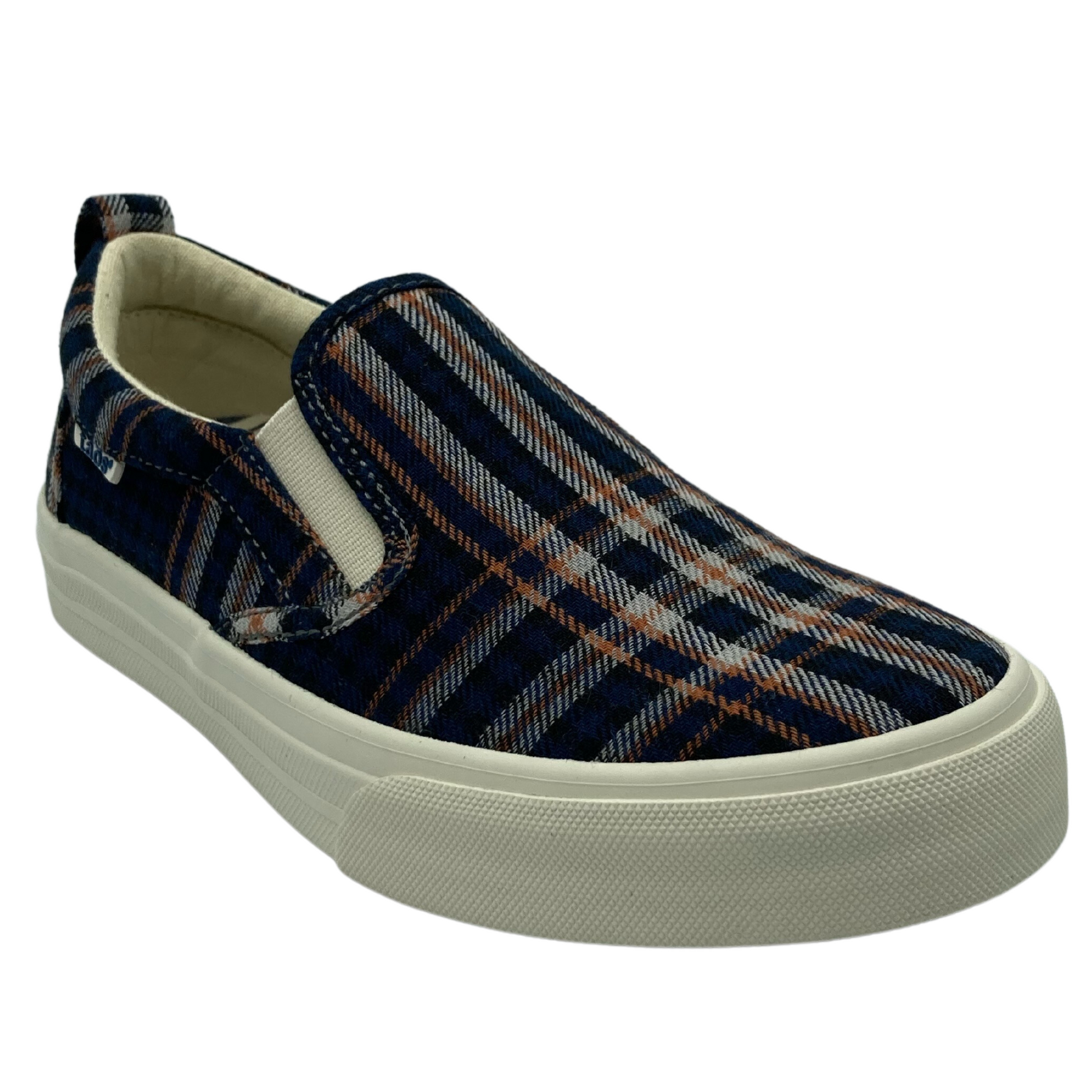 45 degree angled view of blue, orange and white plaid canvas slip on shoe with white rubber platform sole