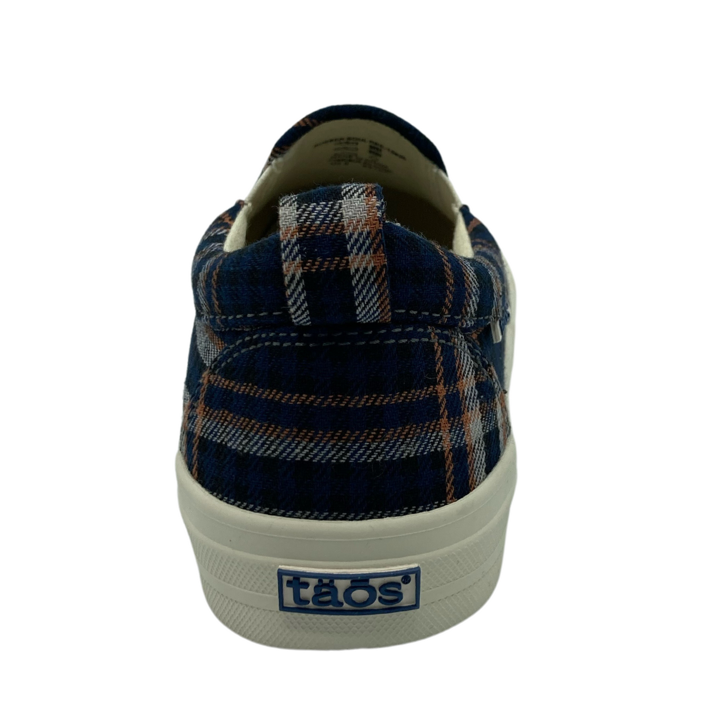 Back view of blue plaid slip on shoe with white rubber sole