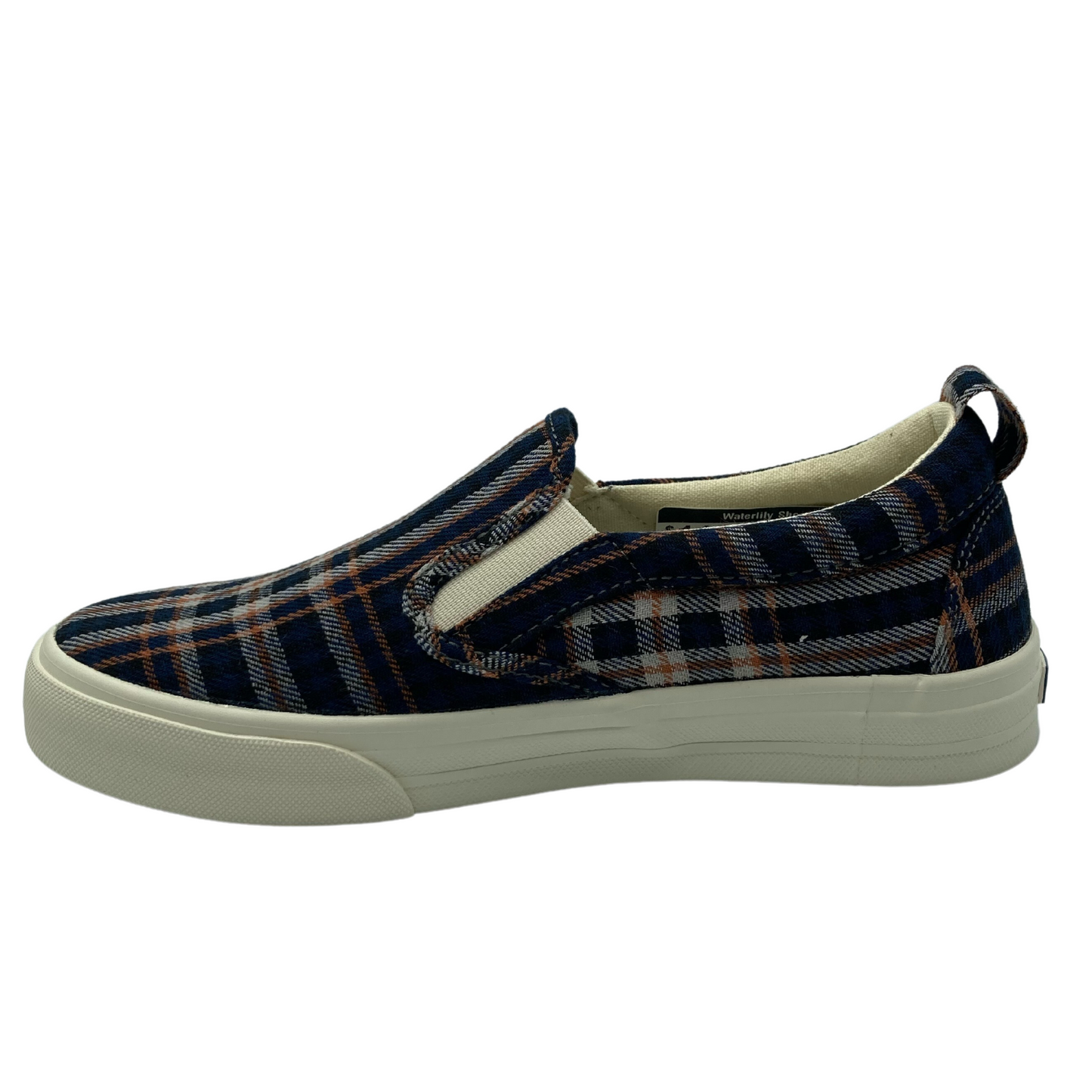 Left facing view of blue plaid canvas slip on shoe with white rubber sole