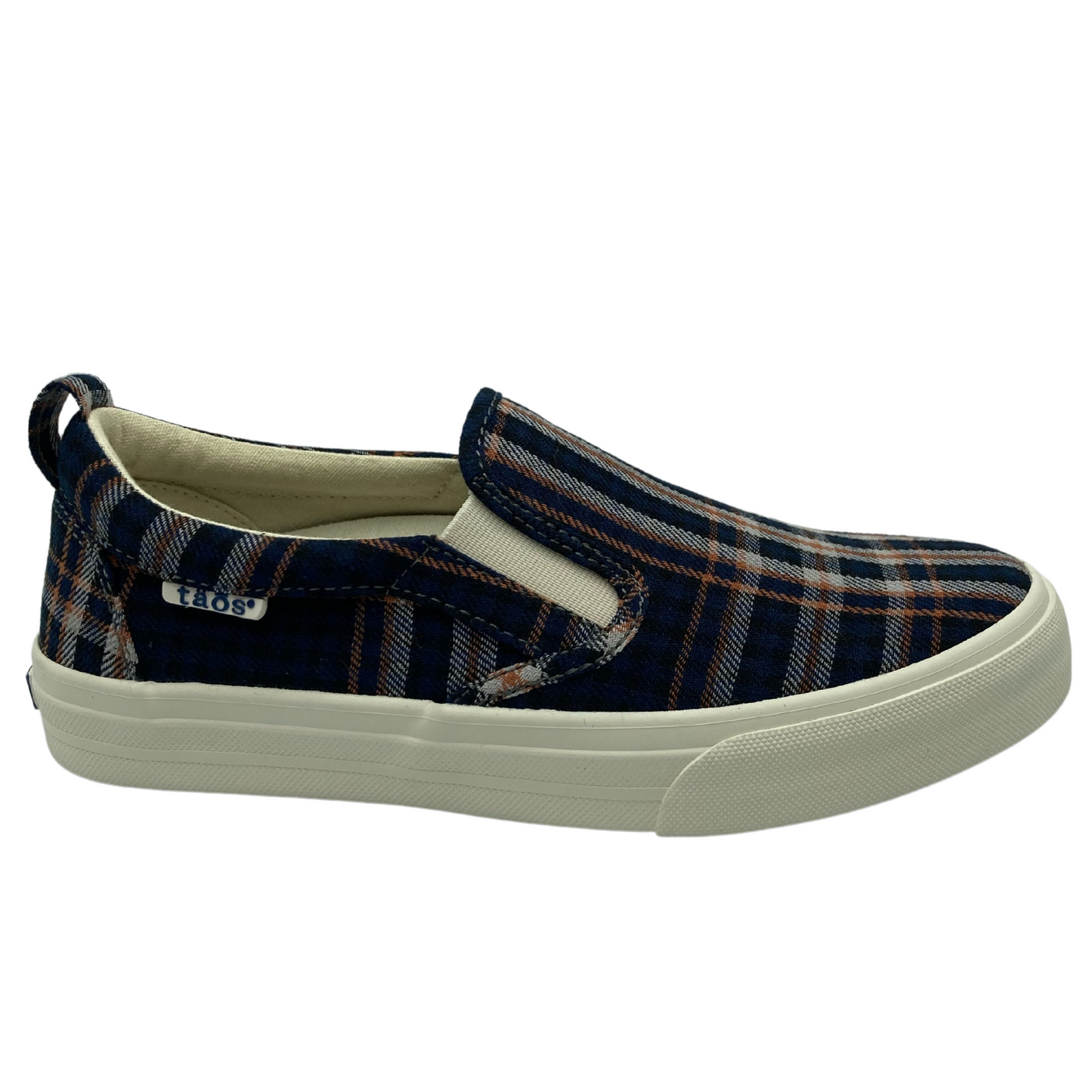 Right facing view of plaid canvas slip on shoe with white elastic double gore and white rubber sole