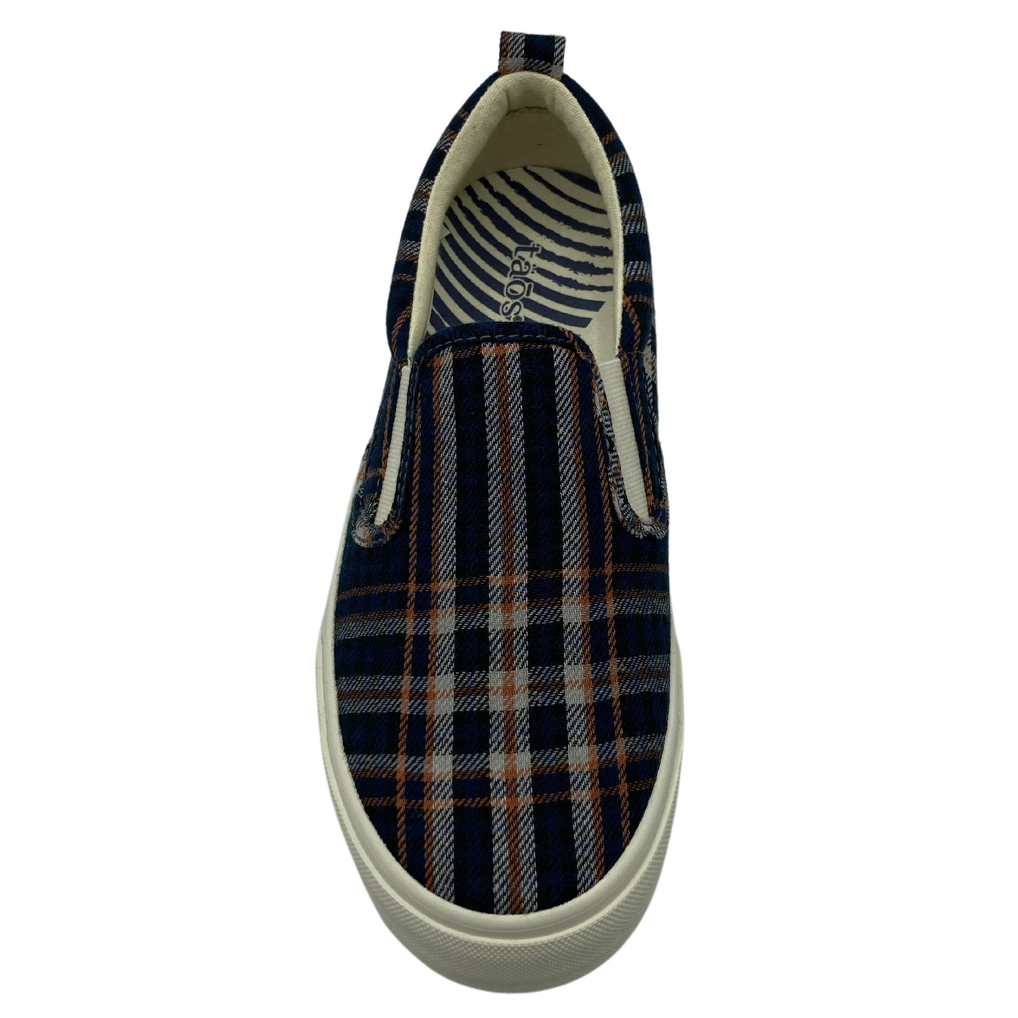 Top view of blue plaid slip on shoe with white rubber sole and pull-on tab