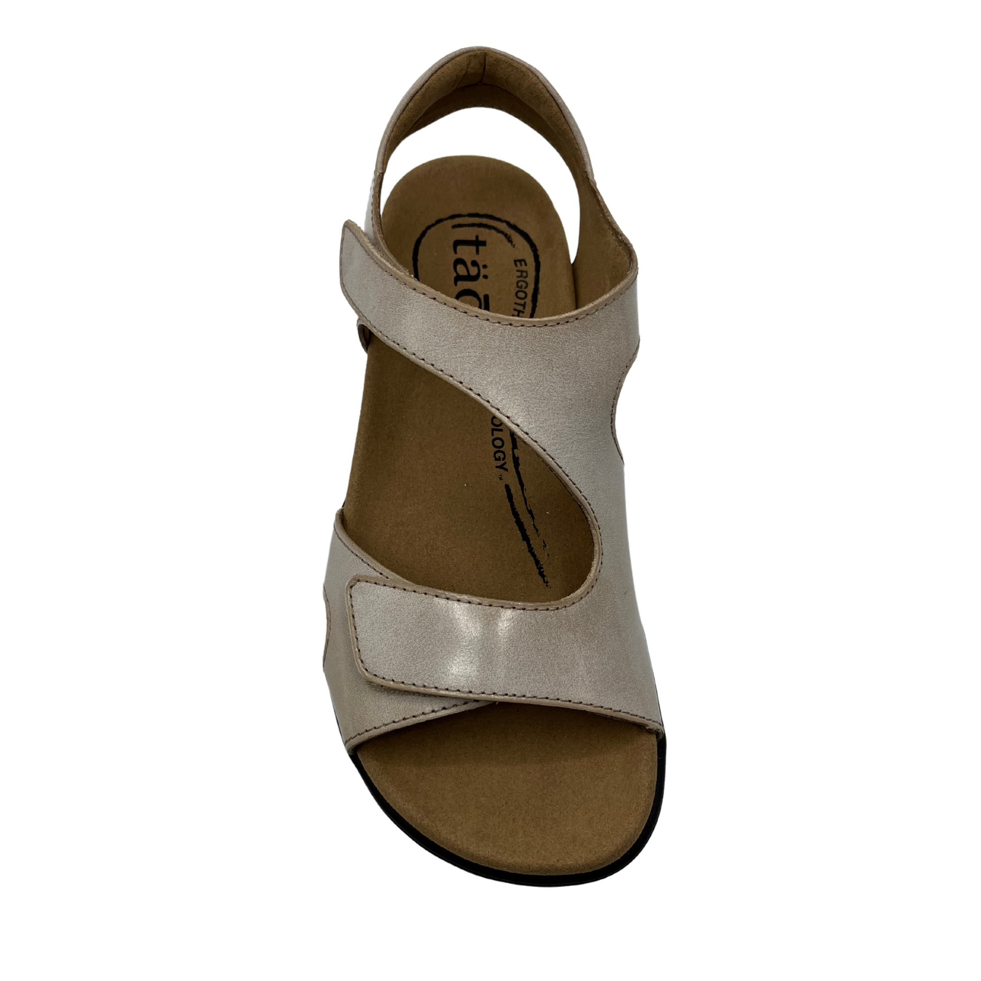 Top view of leather sandals with hook and loop closure straps, cushioned collar and leather lined footbed.